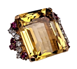 47ct Citrine Retro Deco Natural Ruby Diamond 14k Gold Fashion Ring Signed Brodnax