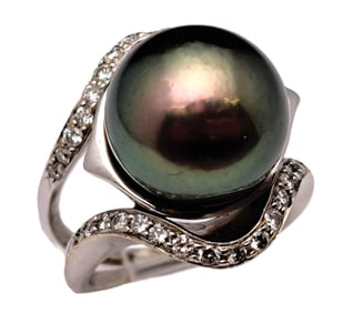 Massive 14mm 1980s Hi Quality Black South Sea Pearl Diamond 18k White Gold Ring