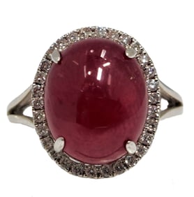 JAGI 14k White Gold Natural 11.8ct Ruby Cabochon .23ct Diamond Designer Signed Ring