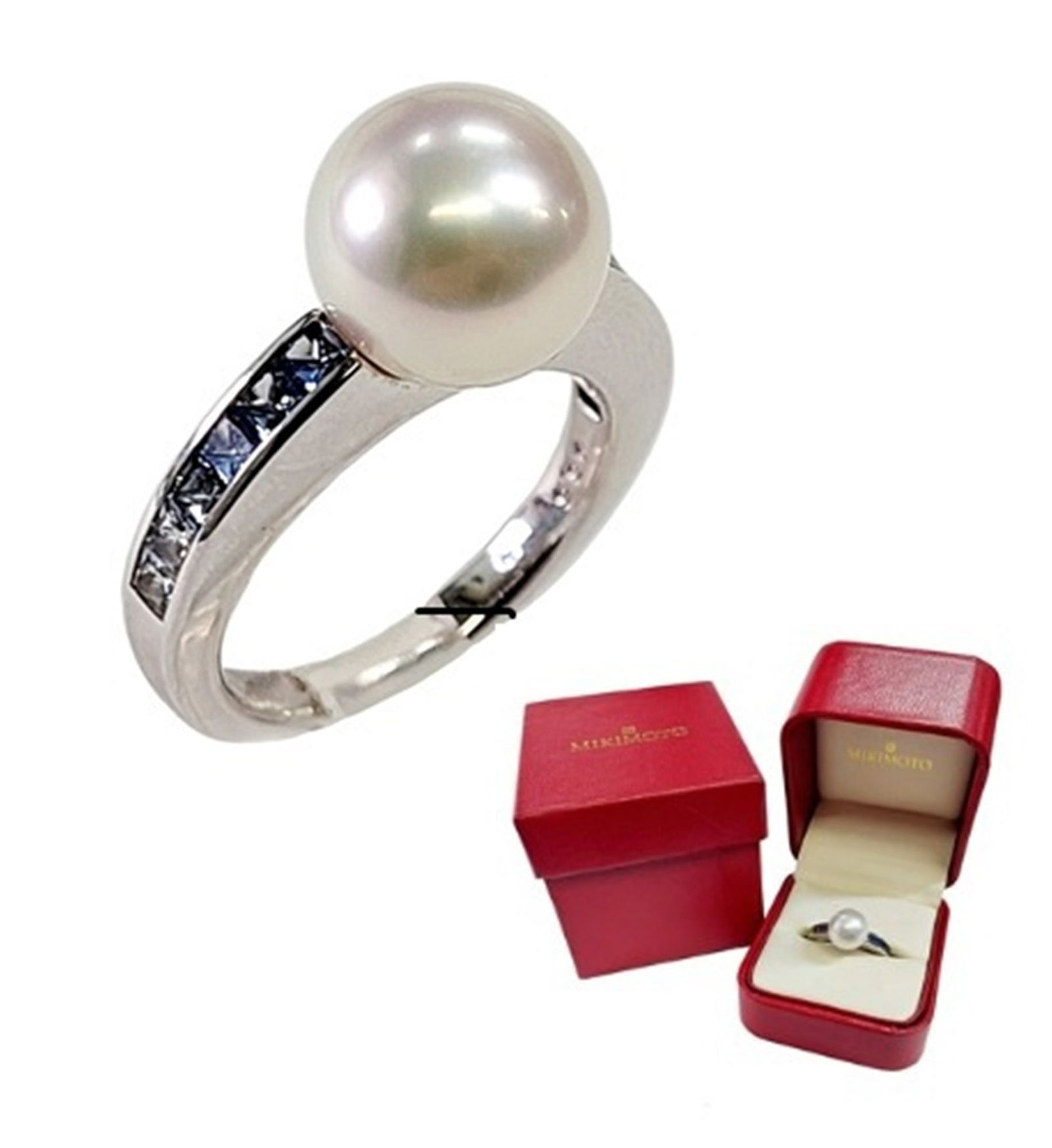 Huge 10mm Mikimoto Akoya Pearl Natural Sapphire 18k White Gold Ring w/ Orig. Box (1 of 8)