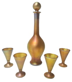 Signed Quezal Art Nouveau Favrile Art Glass Decanter And 4 Cordial Glass Set