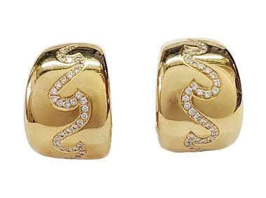 VCA 18k Gold Diamond Wave Van Cleef & Arpels Signed Numbered Wide Huggie Hoop Earrings