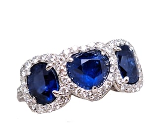 Platinum Oscar Friedman 3.8ctw Natural Sapphire Diamond Three Stone Halo Ladies Ring