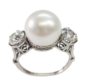 GIA Ex Hi Grade 11.2mm South Sea Pearl Platinum Filigree Vintage Ring w/1.55ctw Old Euro Side Stones