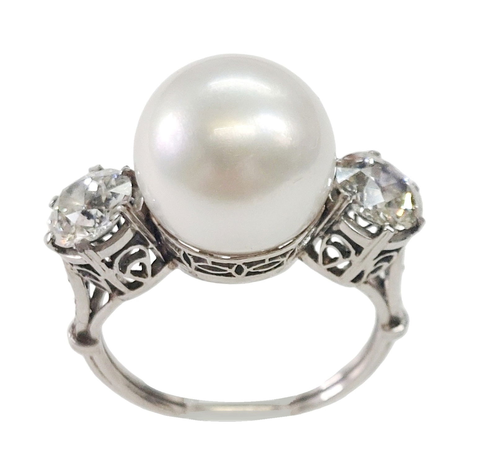 GIA Ex Hi Grade 11.2mm South Sea Pearl Platinum Filigree Vintage Ring w/1.55ctw Old Euro Side Stones (1 of 7)