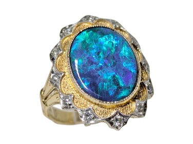 Stunning GIA Translucent Large Black Opal Fine Diamond 18K Gold Ring