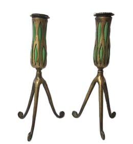 Tiffany Studios Pair Of Bronze Blown Out Curled Foot Candlesticks Glass Insert Over 10in Tall