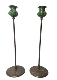 Bronze Tall Signed Tiffany Studios NY Favrile Paddle Candlesticks Art Nouveau Blown Out Glass 17.5in