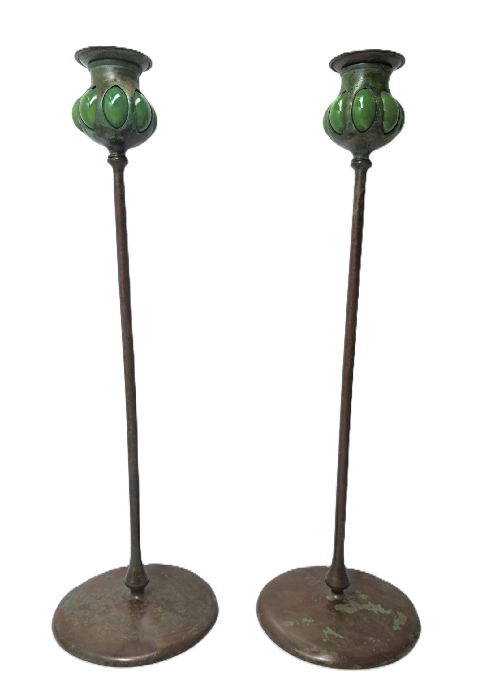 Bronze Tall Signed Tiffany Studios NY Favrile Paddle Candlesticks Art Nouveau Blown Out Glass 17.5in (1 of 7)
