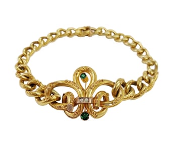 1860s Victorian 14k Gold Seed Pearl Etruscan Revival Fancy Love Knot Long Antique Bracelet