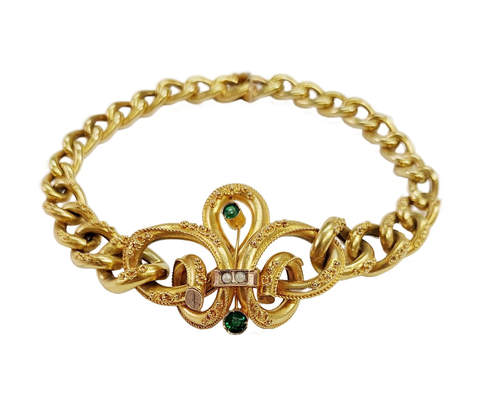1860s Victorian 14k Gold Seed Pearl Etruscan Revival Fancy Love Knot Long Antique Bracelet: Title: 1860s Victorian 14k Gold Seed Pearl Etruscan Revival Fancy Love Knot Long Antique Bracelet Description: This early Victorian era bracelet consists of a fancy intertwining love knot / fleur de