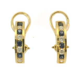 Tiffany & Co Large Size 18k Gold Alternating Sapphire & Diamond Omega Back Huggie Hoop Earrings