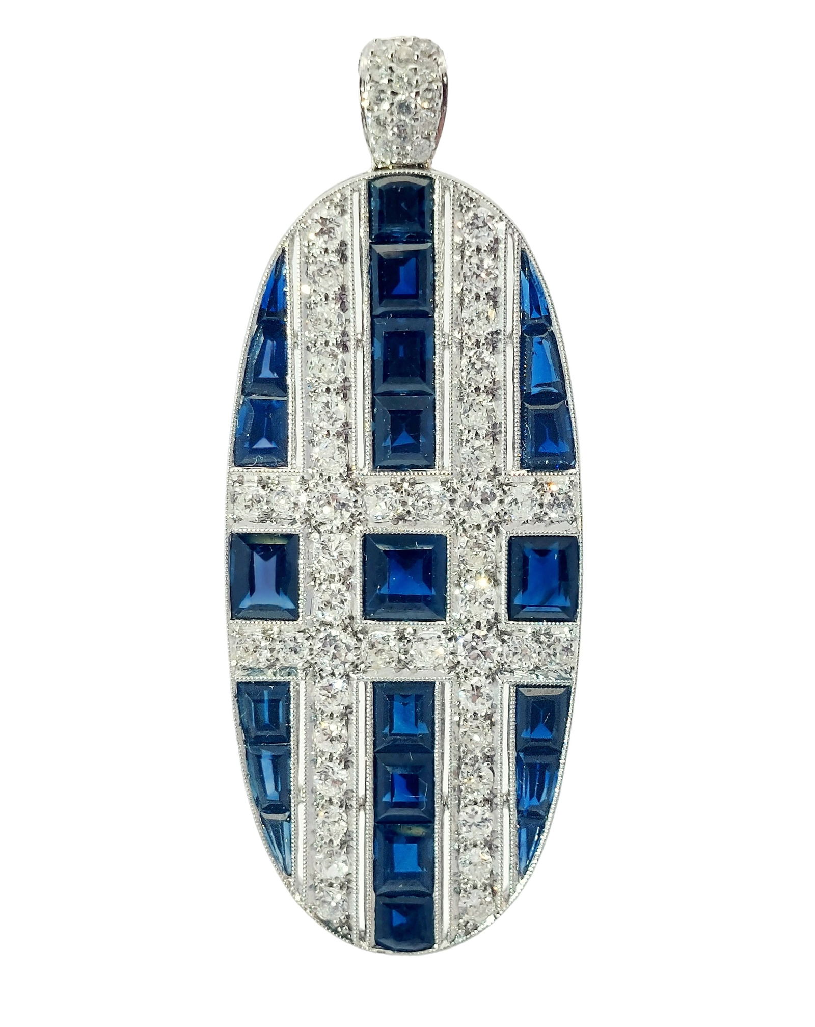 18k White Gold 2.50ct Diamond 4.50ctw Fine Natural Sapphire Long Oval Art Deco Pendant (1 of 7)