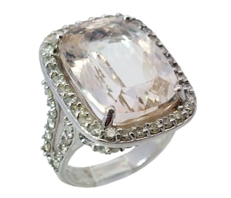 Massive 18ct Cushion Cut Kunzite DBL Diamond Halo 14k White Gold Designer Fashion Ring