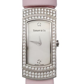 Ladies Tiffany Co 18k White Gold Diamond Case Buckle Wrist Watch w Pouch