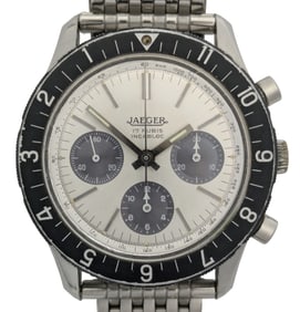 Rare Jaeger 17 Rubis Incabloc 13001 Singer Panda Dial Valjoux 72 Mens Chronograph SS Vintage Watch