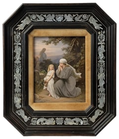 Large Signed KPM Mother Child Landscape Porcelain Portrait Plaque 10.125 x 12.5 Inch in MOP Frame