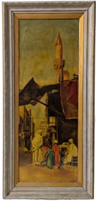 Large Arab Market Pre War Street Scene Oil Landscape Painting 15 x 40 British Ex Patriate Signed