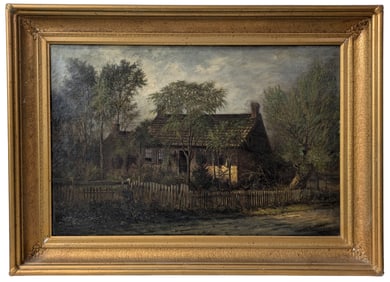 Signed Indistinctly Victorian 24 x 16 Inch Cottage Oil on Canvas Landscape British Or American