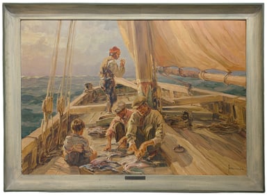 Large Angelo Brombo Italian Impressionist Dopo La Pesca Chioggia Venetian Italy Genre Oil on Panel