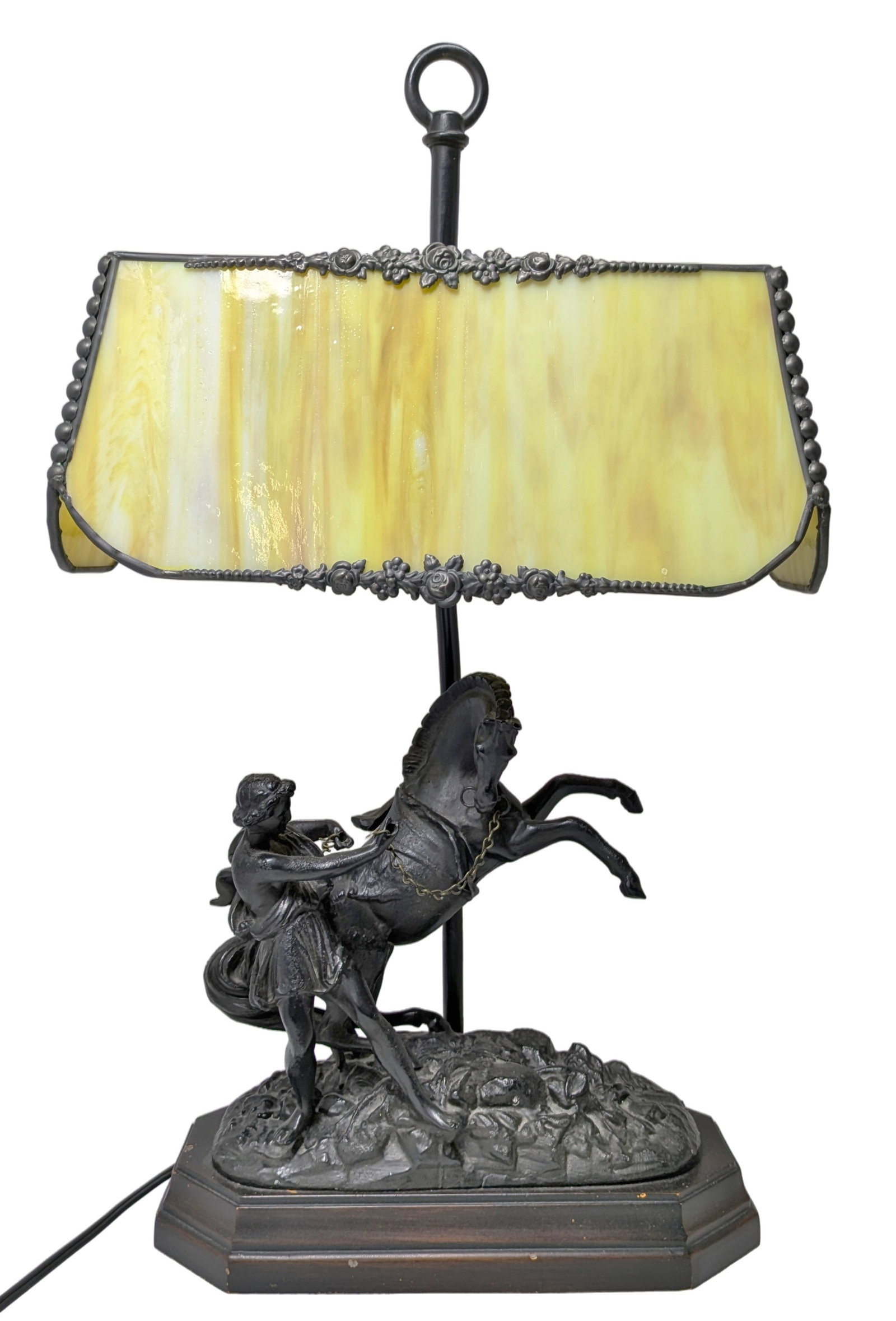 Continental Bronze Figural Lamp Neoclassical Greek Roman Grand Tour Trainer or Slave Late Victorian: Described By:Dillon CNX VX 0334 1104 Title:Continental Bronze Figural Lamp Neoclassical Greek Roman Grand Tour Trainer or Slave Late Victorian Slag Glass Shade Description: Continental Bronze Figural