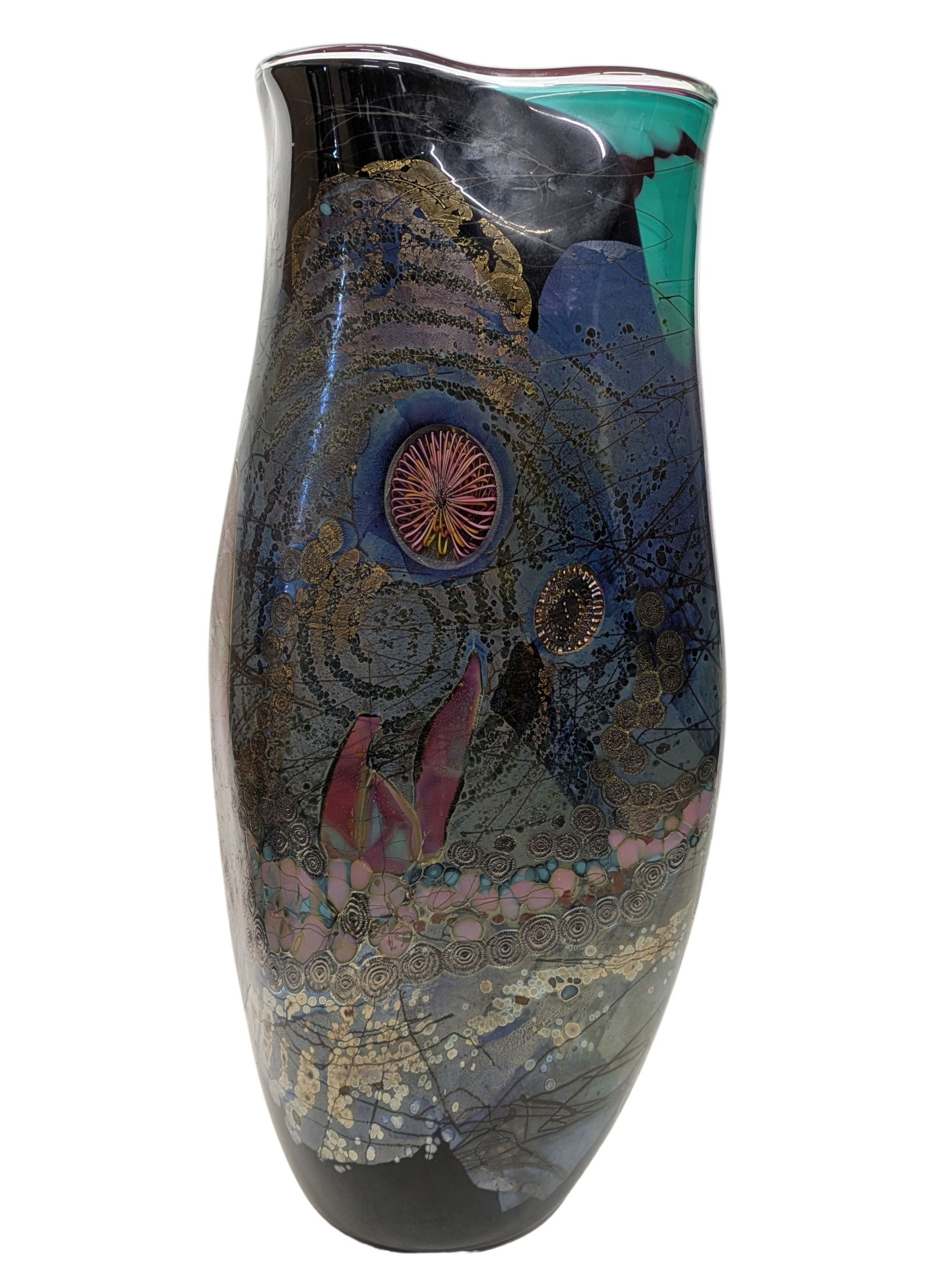 Huge Chris Hawthorne James Nowak 22 Inch Art Glass Textured Vase 1992 Numbered Signed 13.36 Pounds: Described By:Dillon HFA DT NEDD Title:Huge Chris Hawthorne James Nowak 22 Inch Art Glass Textured Vase 1992 Numbered Signed 13.36 Pounds w/ Bio Studio MCM Description: Huge Chris Hawthorne James