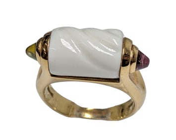 Bvlgari Chandra 18K Gold Peridot Tourmaline White Porcelain Ceramic Ring 2377AL w/ Bulgari Box