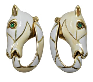 Heavy David Webb 18K Gold Enamel Emerald Eye Horse Earring Enhancers Designer Signed