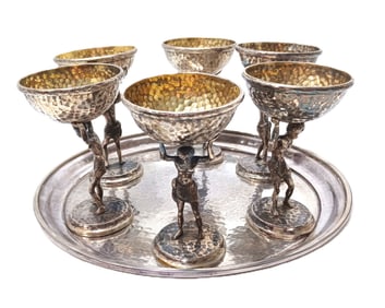 Rare Tiffany & Co. sterling Silver Atlas Aesthetic Hand Hammered Tray and Wine Aperitif Set