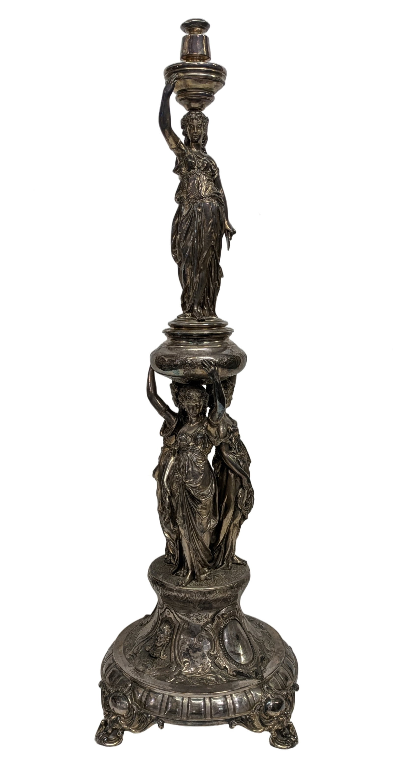 Antique 1878 French Monumental Jean Ferry Sterling Silver Goddess Torchiere 30 Inch 161ozt (1 of 15)