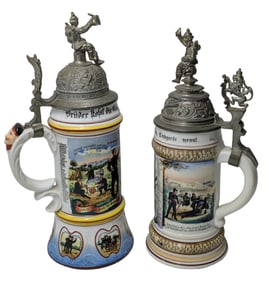 Lot of 2 Antique Regimental German Lithopone Bottom Beer Steins Military Soldier Finials 1905 1907