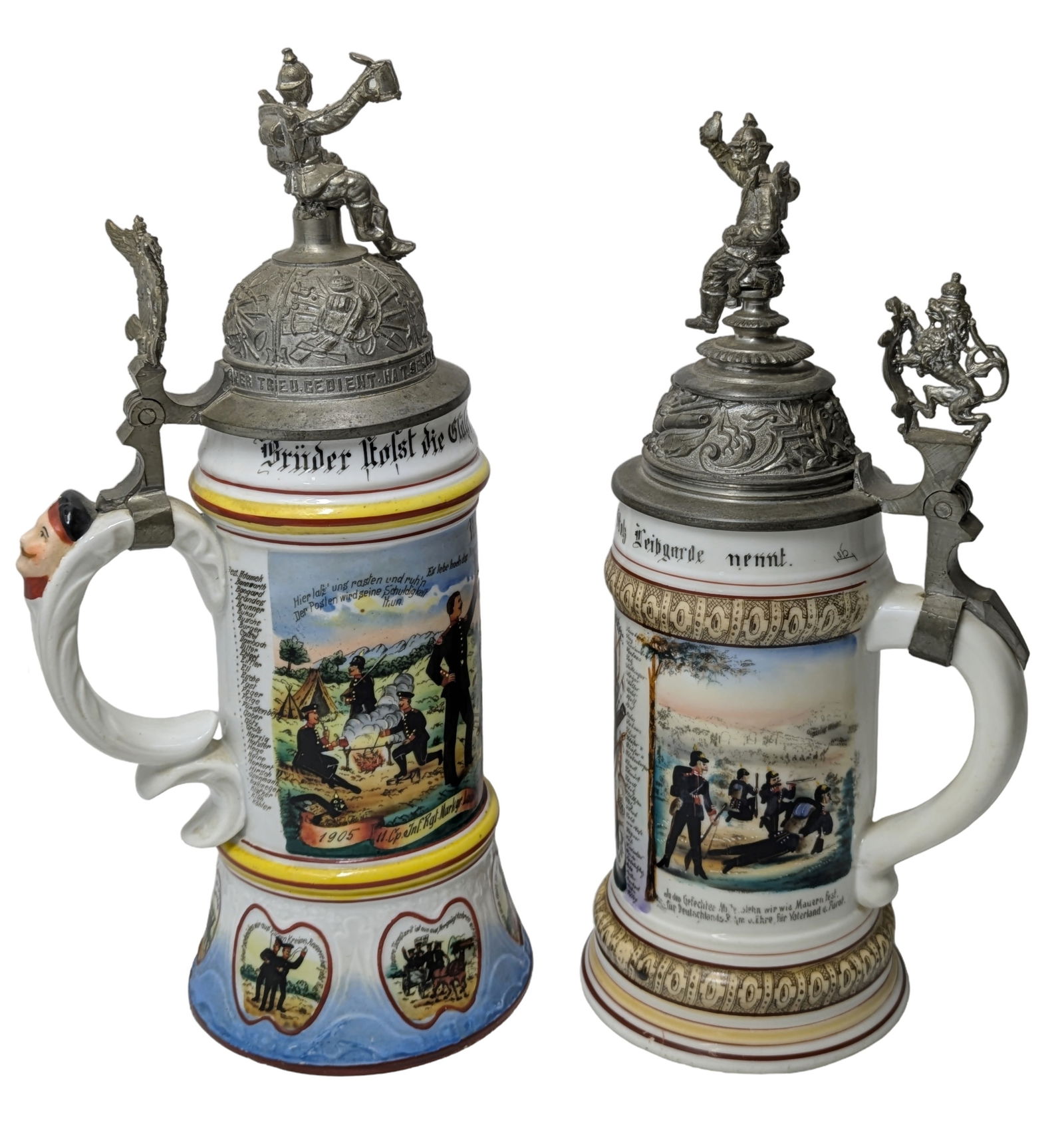 Lot of 2 Antique Regimental German Lithopone Bottom Beer Steins Military Soldier Finials 1905 1907: Described By:Dillon CNX VX 0334 1061 Title:Lot of 2 Antique Regimental German Lithopone Bottom Beer Steins Military Soldier Finials 1905 1907 12.25 and 11.625 Inches Description: Lot of 2 Antique