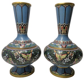 Large Pair Chinese Cloisonné Vintage Enamel Butterfly Bulbous Flora Vase 12.25 x 7 Inch Signed