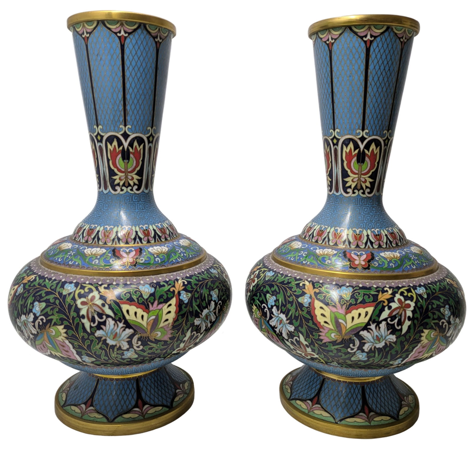 Large Pair Chinese Cloisonné Vintage Enamel Butterfly Bulbous Flora Vase 12.25 x 7 Inch Signed: Described By:Dillon CNX VX 0334 1087 Title:Large Pair Chinese Cloisonné Vintage Enamel Butterfly Bulbous Flora Vase 12.25 x 7 Inch Signed w/ Label Description: Large Pair Chinese Cloisonné Vintage E