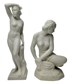 Lot 2 Large Signed Rudolph Kaesbach For Rosenthal Art Deco Female Nude Matte Porcelain Statue Sculpt