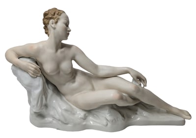 Large Rosenthal Young Female Nude HP Hand Painted 15 Inch Long Porcelain German Art Deco Figure