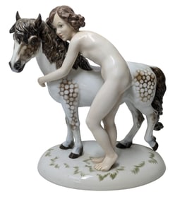 Large Rosenthal Young Female Nude And Spotted Pony Horse HP Hand Painted Porcelain Sculpture Statue