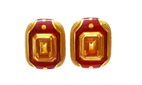 Susy Mor Miami Designer Enamel 18k Gold Citrine Center Stone Earrings 22.5g