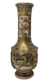 Big 18 Inch Antique Japanese Gilt Satsuma Samurai Warriors Panels Vase Lamp