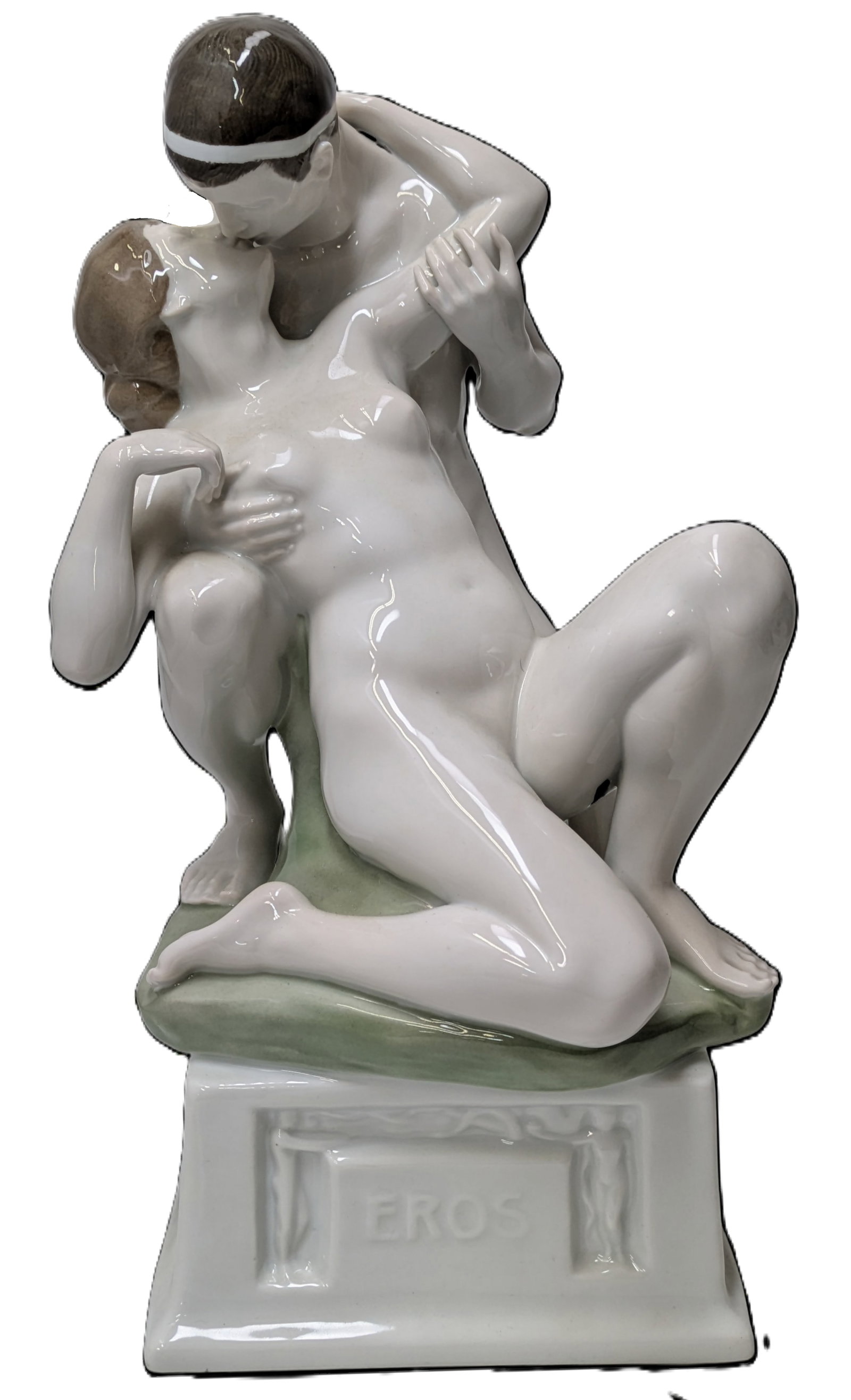 Large Nude Eros Female Male Rosenthal HP Hand Painted Porcelain 13 Inch Statue German Sculpture: Described By:Dillon CNX VX 0334 1089 Title:Large Nude Eros Female Male Rosenthal HP Hand Painted Porcelain 13 Inch Statue German Sculpture Figural Lovers Group Description: Large Nude Eros Female Male