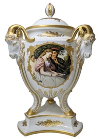 Massive A. Geigenmuller for Rosenthal Lidded Lovers HP Hand Painted Panel Gilt Goat Heads Urn Porcel