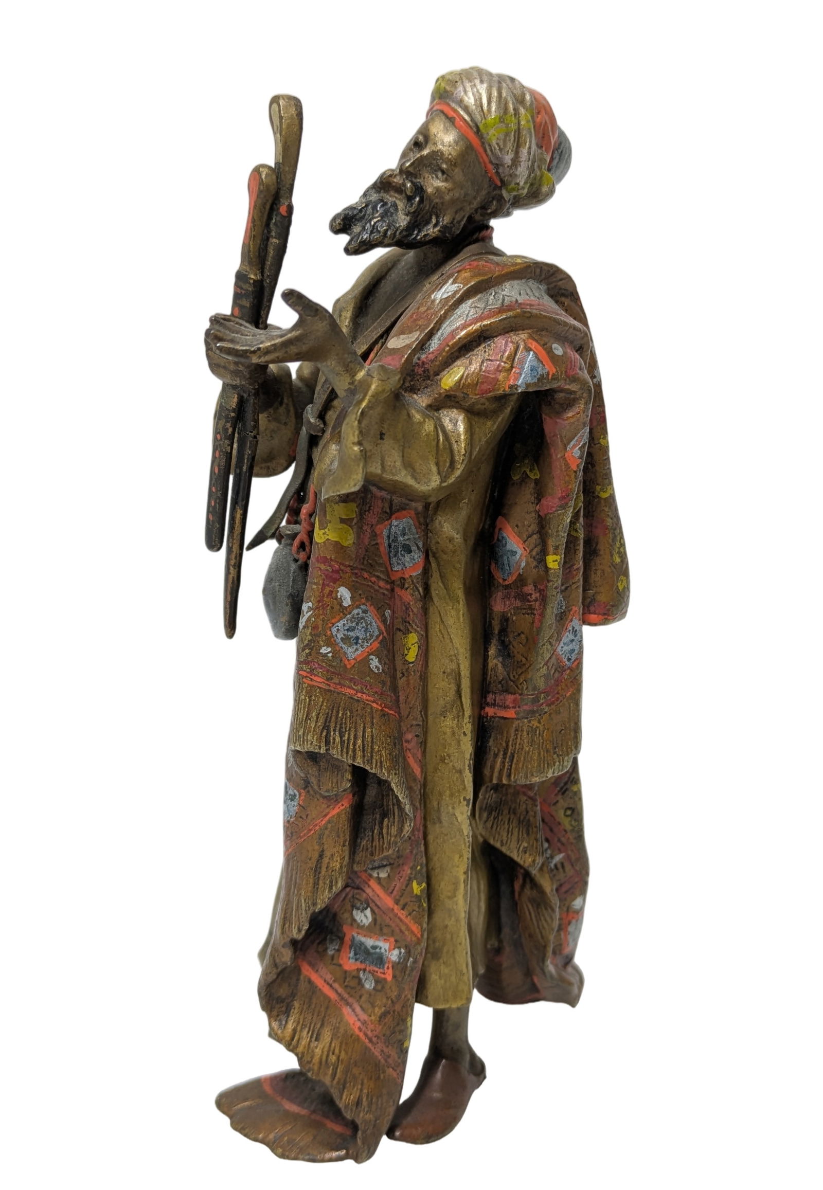 Franz Bergman Signed Austrian Cold Painted Vienna Bronze Arab 7.25 Inch Arab Arms Mechant: Described By:Dillon CNX VX 0334 1102 Title:Franz Bergman Signed Austrian Cold Painted Vienna Bronze Arab 7.25 Inch Arab Market Figure Arms Merchant Statue Sculpture Antique Orientalist Description: