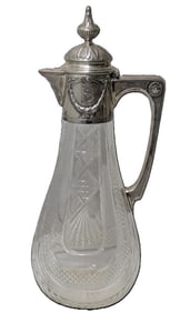 Tall Schnauffer German 800 Silver Mounted Cut Glass Crystal Pitcher Decanter Ewer Fin de Siecle
