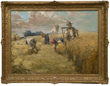 Original Zsigmond Palnagy During the Harvest Impressionist Oil on Canvas Farm Field Painting