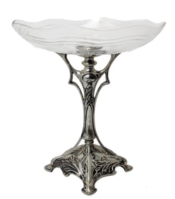 Tall Silver Repoussé Glass Centerpiece Tazza Pedestal Bowl Art Nouveau 11.75in London Liberty