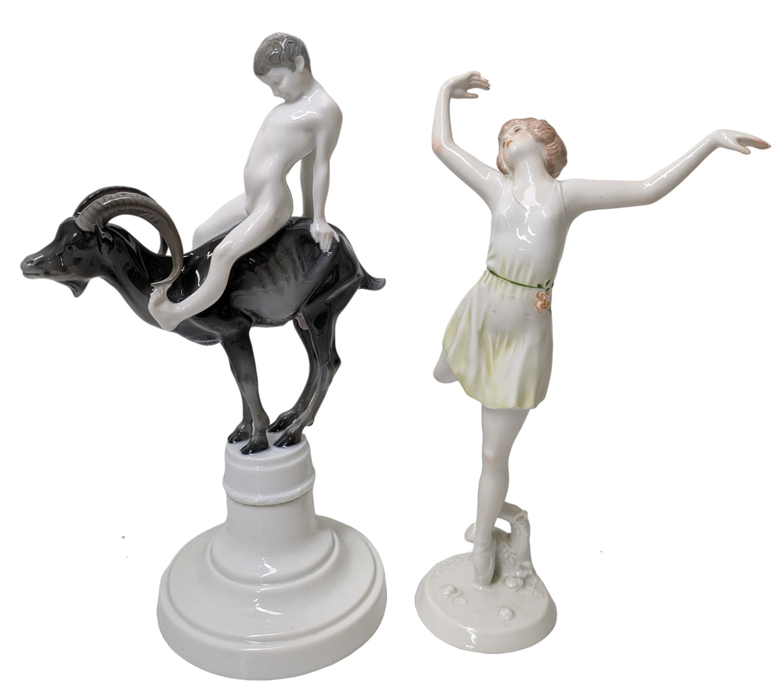 Lot 2 Liebermann and Charol for Rosenthal Nude Man Boy Mountain Goat Young Female Ballet Porcelain: Described By:Dillon CNX VX 0334 1088 Title:Lot 2 Liebermann and Charol for Rosenthal Nude Man Boy Mountain Goat and Young Female Ballerina Porcelain Statue Figure Description: Lot 2 Liebermann and Cha