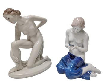 Lot 2 Rosenthal Art Deco Subject Nude Young Women Porcelain Sculpture 8.375 and 7.75 Inch Figures