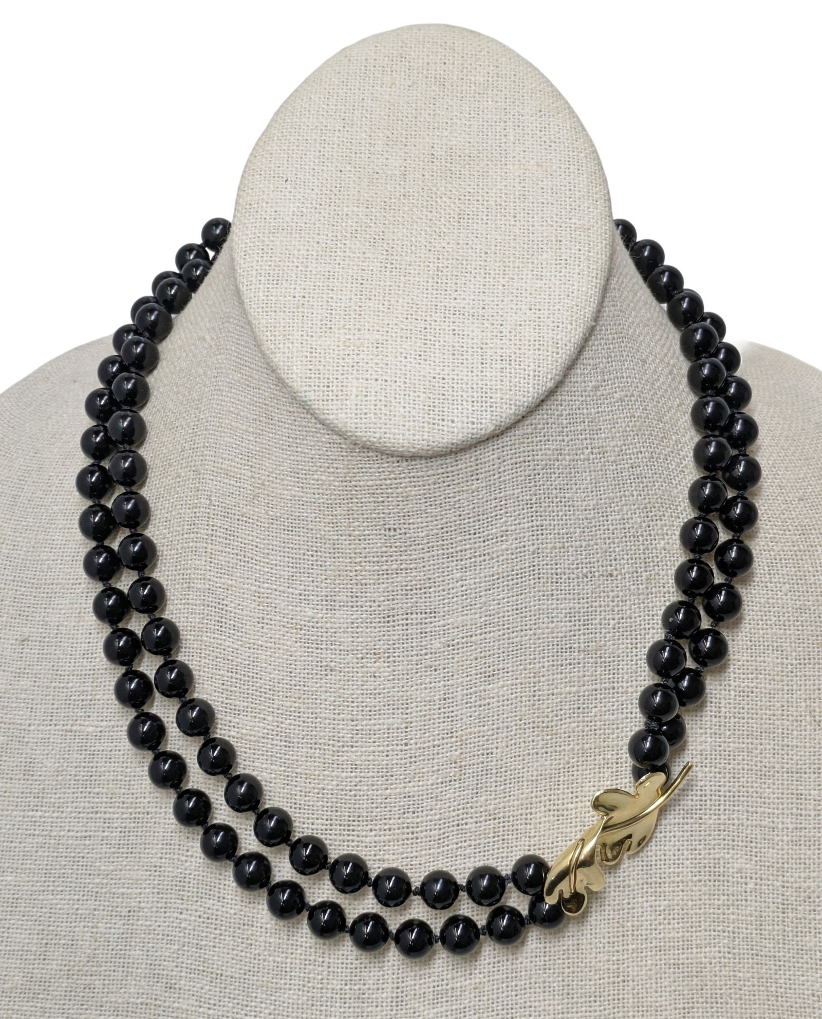 1987 Tiffany & Co 18K Yellow Gold Leaf Clasp 8mm Black Onyx Beaded Ladies Necklace (1 of 8)