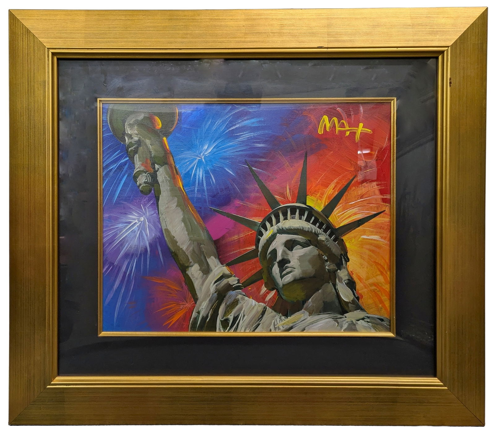 Peter Max Liberty Fireworks Ver I Orig Acrylic Signed Painting on Paper Statue 16 x 20 Inches Wentwo: Described By:Dillon HFA VX NMED Title:Peter Max Liberty Fireworks Ver I Orig Acrylic Signed Painting on Paper Statue 16 x 20 Inches Wentworth Labal Plus Dedication Verso Description: Peter Max Liberty