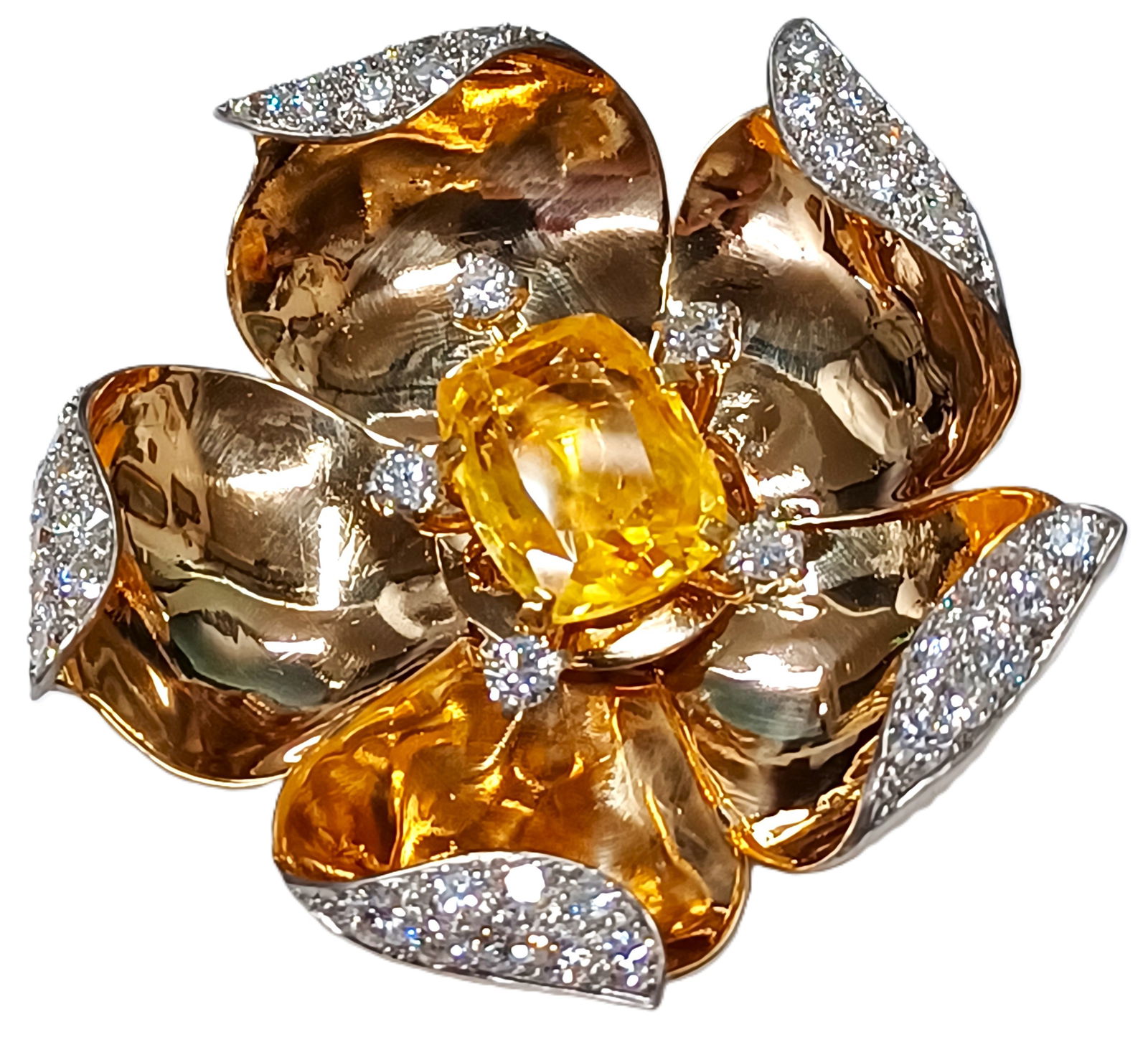 GIA No Heat Natural Yellow Sapphire 7.5CT Cartier Signed 2.5CT Diamond 18K Gold Flower Bloom Brooch: Described & Photographed By: Rafe HFA NGEDD 69240 Title: GIA 7.5CT No Heat Natural Yellow Sapphire Cartier Numbered 2.5CT Fine Diamond 18K Gold Blooming Flower Brooch Description:Signed cartier 18k g